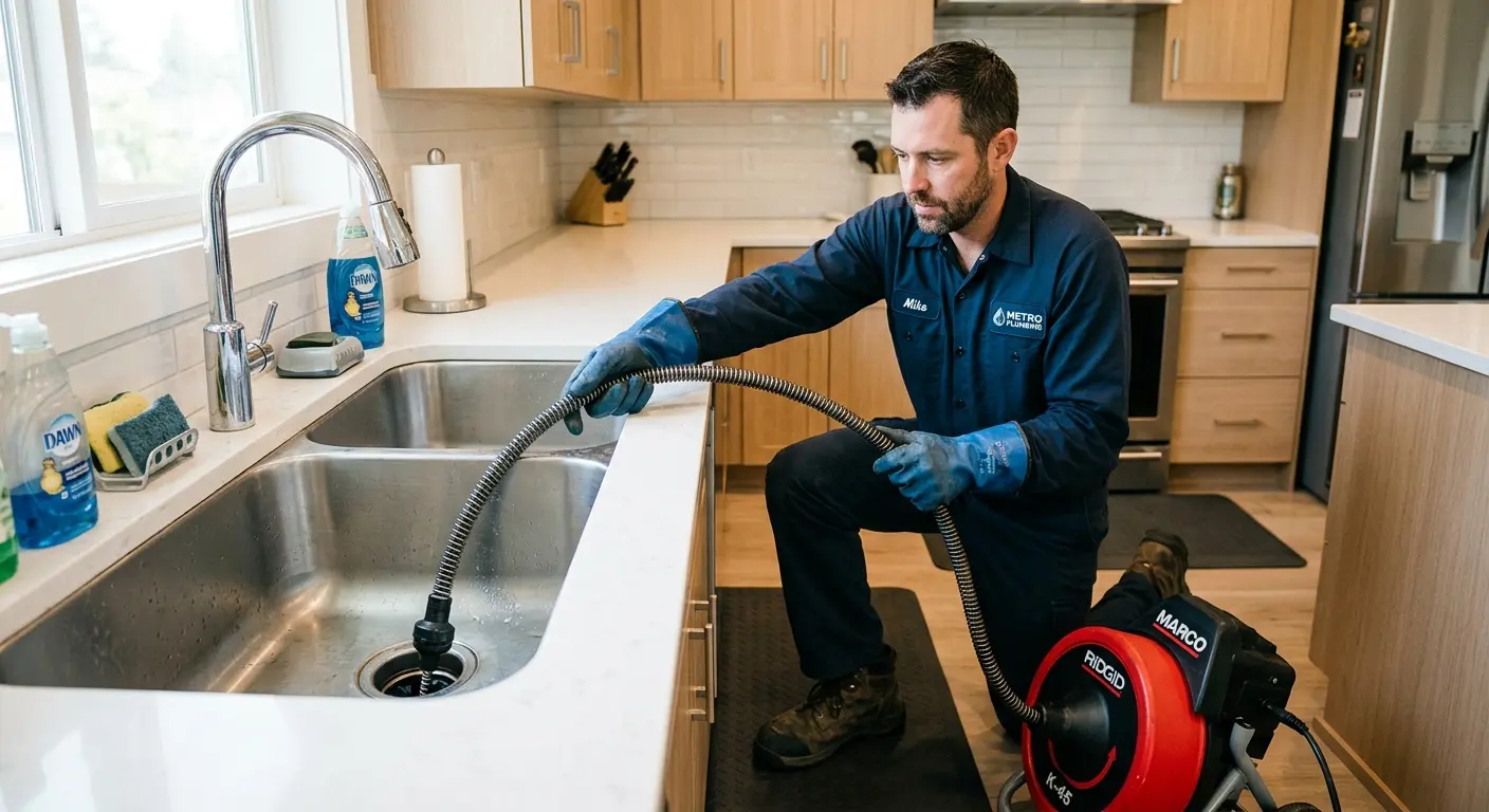 Drain cleaning technician using a motorized snake on a kitchen sink in Estelle