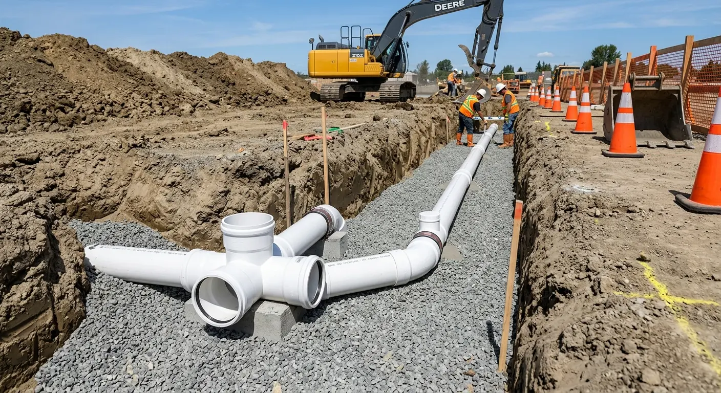 New PVC sewer pipe installation in open trench for Sewer Backup in Estelle