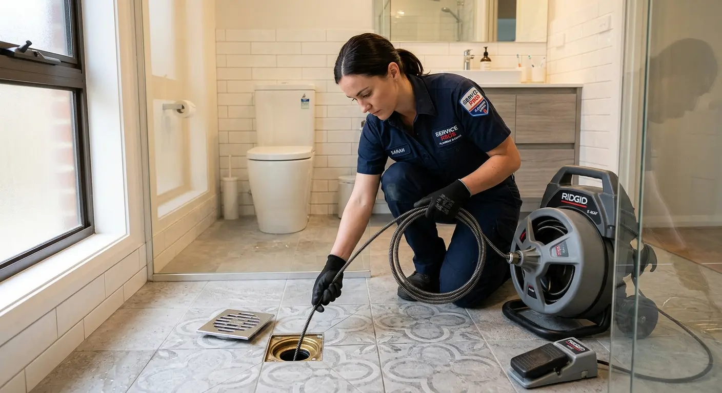 Technician clearing a bathroom floor drain for Drain Cleaning in Estelle